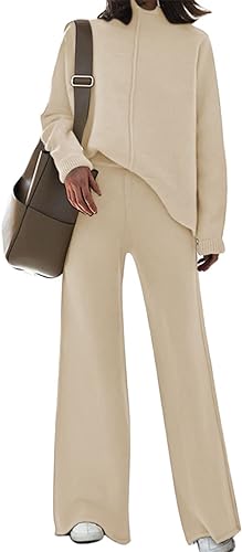 Women 2 Piece Outfits High Neck Knitted Sweater Wide Leg Pant Sweatsuit Lounge Sets