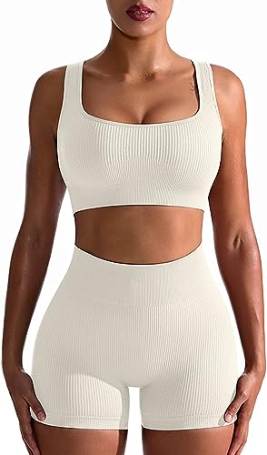 Workout Outfits for Women 2 Piece Seamless Ribbed High Waist Leggings with Sports Bra Exercise