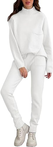 Women 2 Piece Sweater Set High Neck Pullover Knit Top and Long Pants Sweatsuit with Pockets
