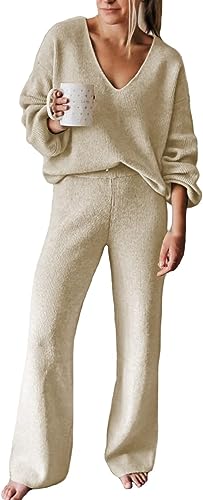 Women 2 Piece Outfits V Neck Sweater Wide Leg Sweatsuit Rib Knit Lounge Sets Leisure Wear