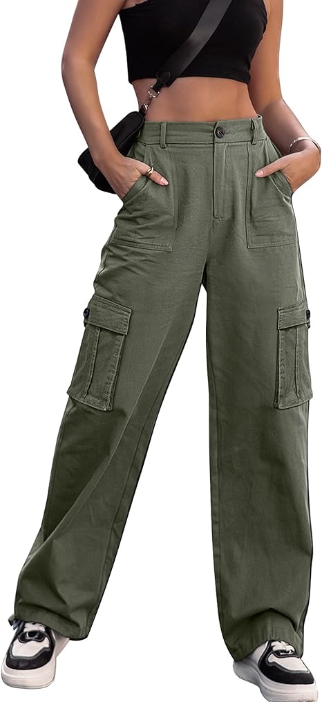 Women High Waisted Cargo Pants Wide Leg Casual Pants 6 Pockets Combat Military Trousers