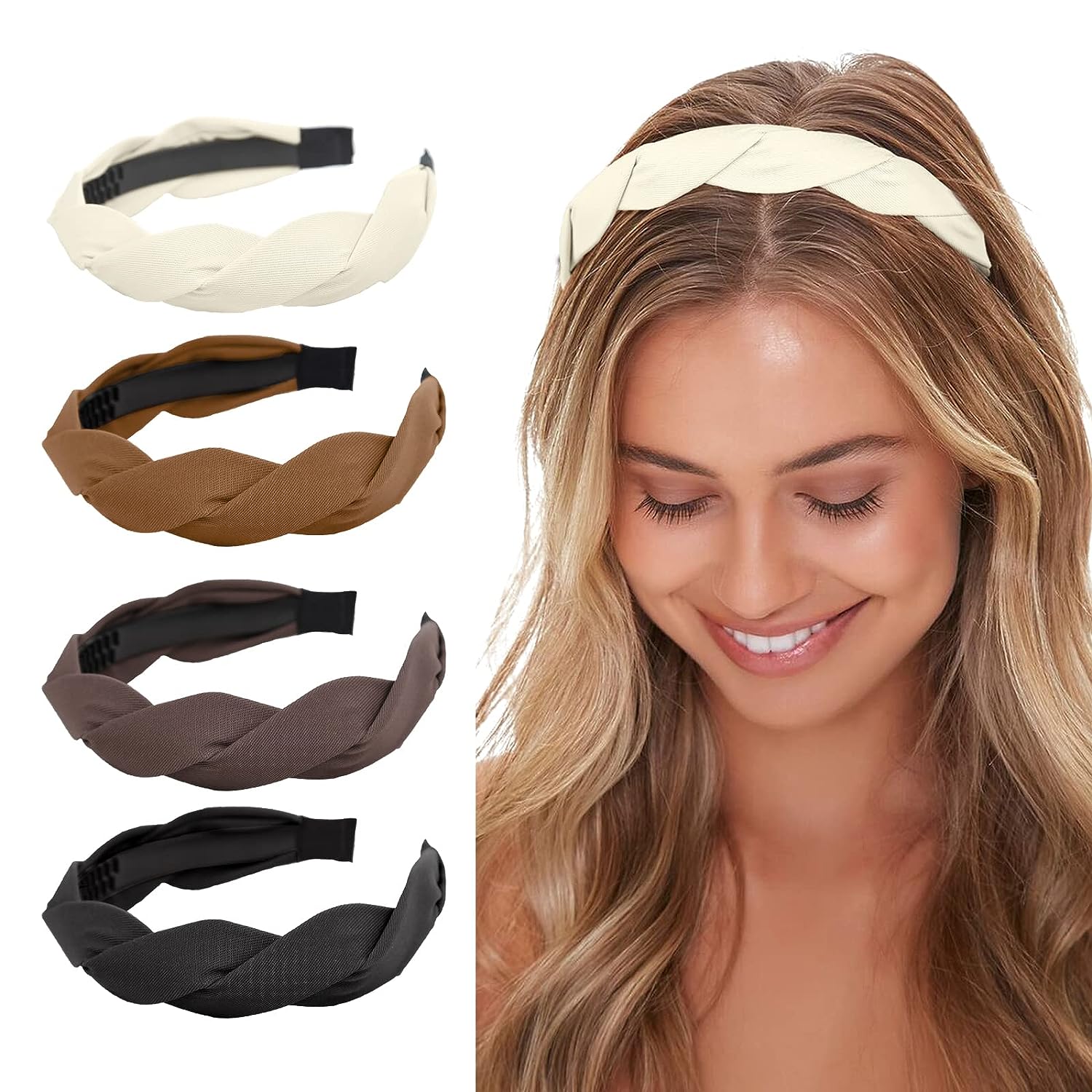 4 Pieces Braided Headband for Women Girls Wide Hairband Fashion Non Slip Hairhoop Weaving Shape Accessories Solid Colors