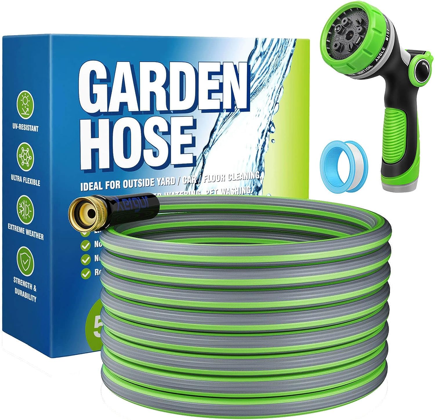 2.5x Expandable Garden Hose – 50FT Water Hose with 7 Spray Nozzle Functions, Water Pipe with 3/4″ Solid Brass Fittings, Double Latex Core – Ideal for Gardening, Lawn Care & Pet Washing