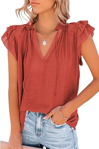 Women’s Casual V Neck Tops Drawstring Short Sleeve T Shirt Blouses