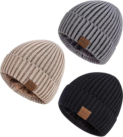 Mens Beanie Hats 3 Pack, Winter Hats for Men Women Warm Thermal Fleece Lined, Thick Knit Fashion Skull Cap Cuffed Beanie for Guys (Color-01)