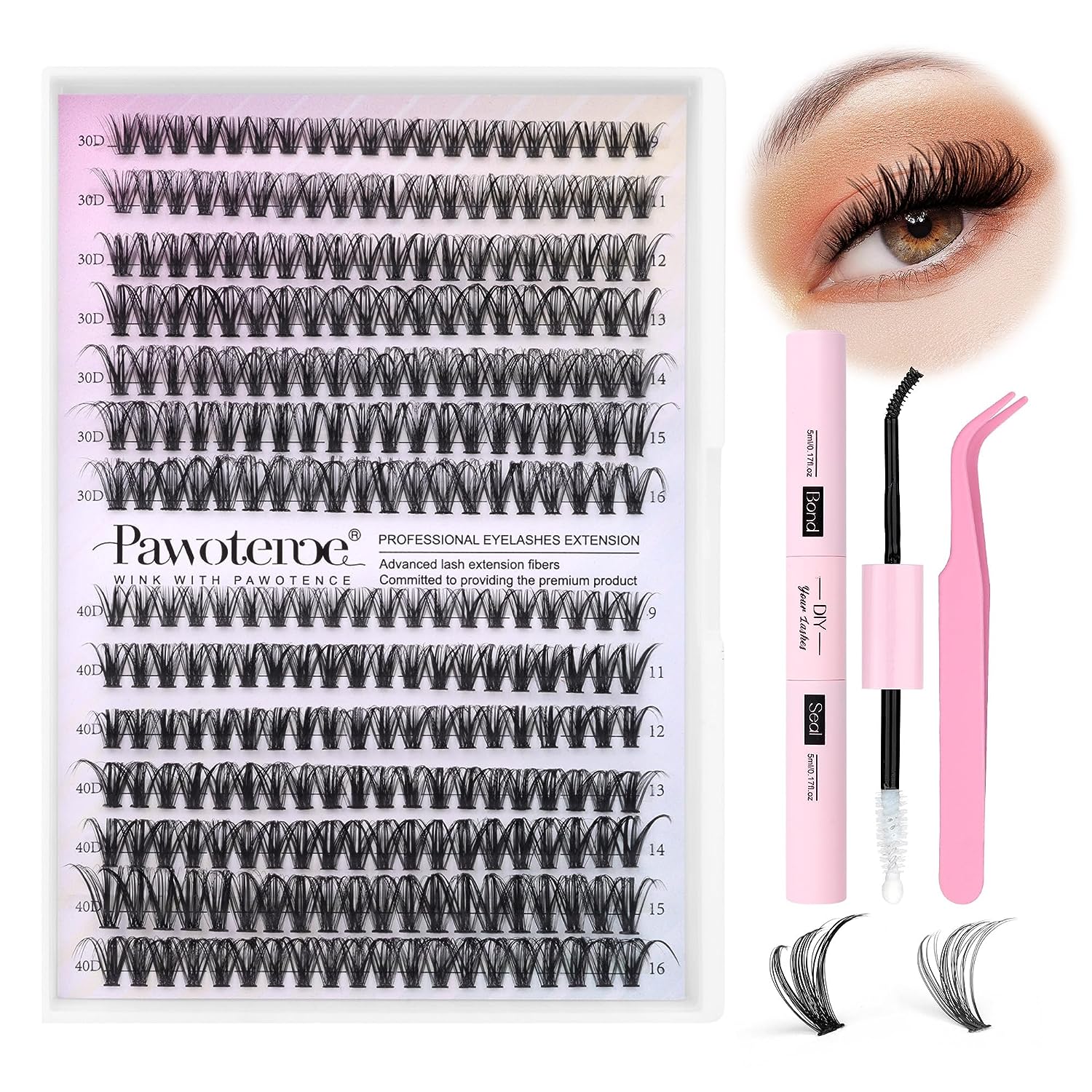 Lash Extension Kit 280pcs Individual Lashes Cluster D Curl Eyelash Extension Kit 30D 40D 9-16mm Mix Lash Clusters with Lash Bond and Seal and Lash Applicator Tool for Self Application at Home (30D+40D-0.07D-9-16MIX KIT)