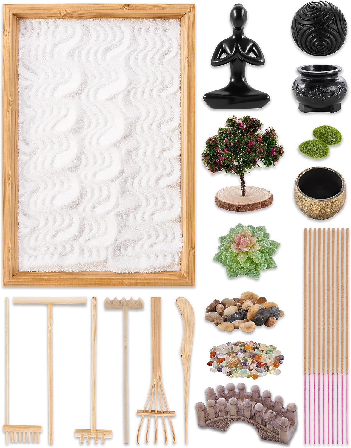 Zen Garden Kit – Mini Japanese Sand Garden for Desktop with Bamboo Tray – Includes Rakes, Yoga Statue, Bridge, Sand Ball, Stones, Crystals, and More